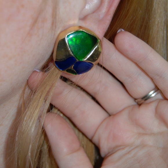 Vintage 80's clip on earrings blue, green and gold - Picture 3 of 3